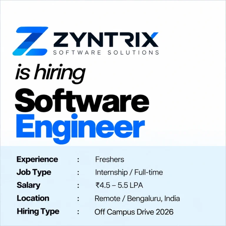 Zyntrix Off Campus Drive 2026 | Software Engineer | Freshers | ₹4.5–5.5 LPA | Remote/Bengaluru