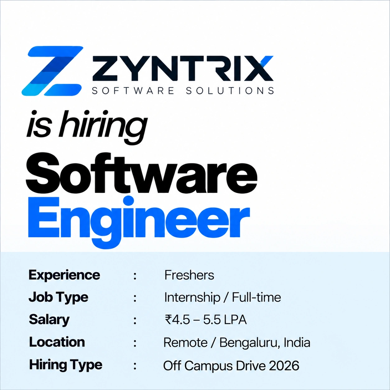 Zyntrix Off Campus Drive 2026 | Software Engineer | Freshers | ₹4.5–5.5 LPA | Remote/Bengaluru