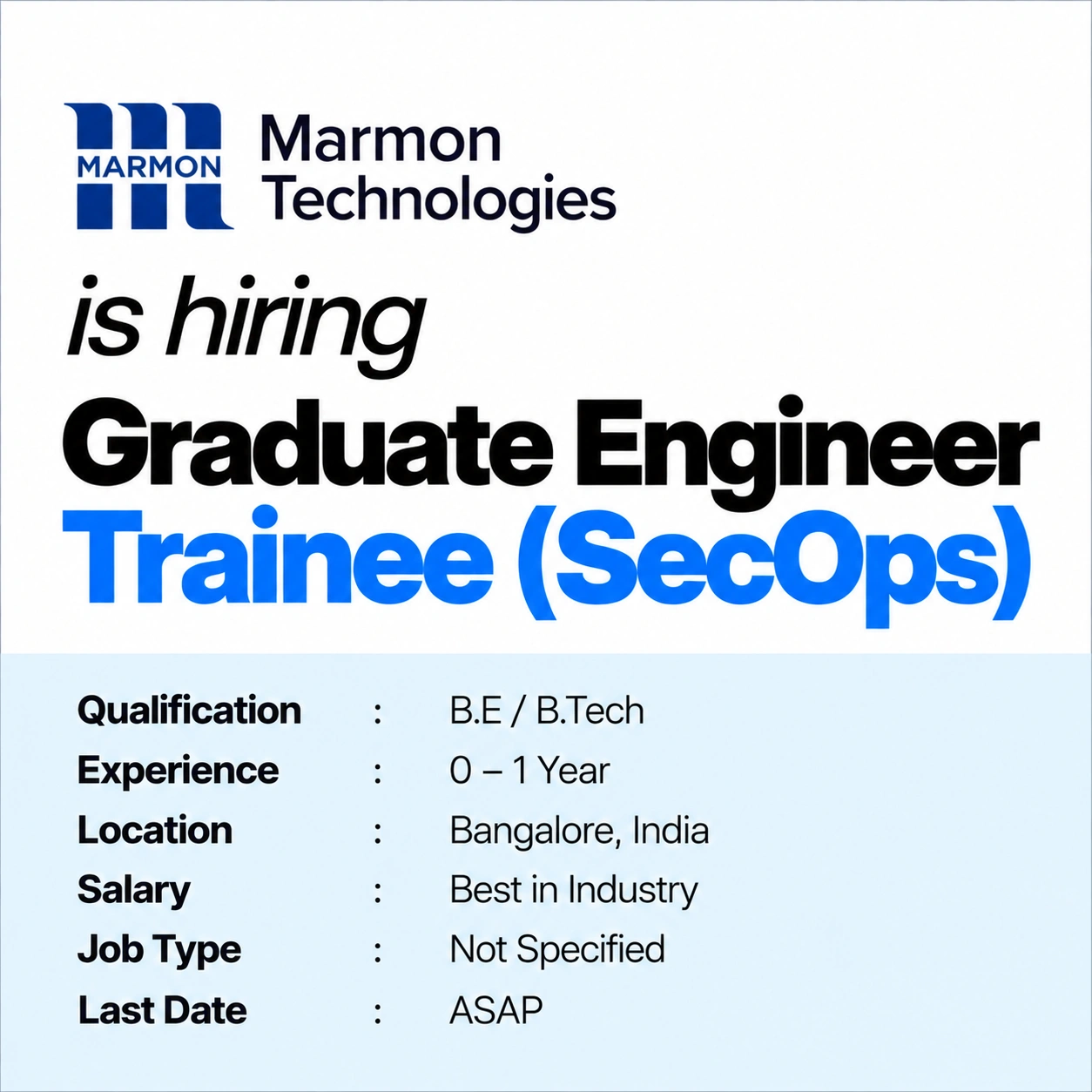 Marmon Technologies Recruitment 2026 | Graduate Engineer Trainee (SecOps) | Freshers | 0–1 Year | Bangalore