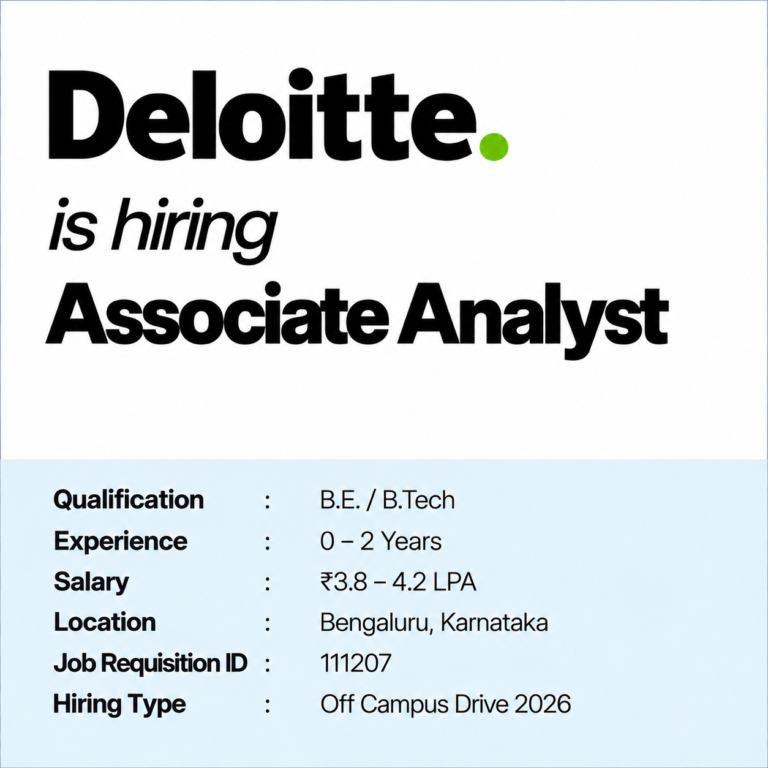 Deloitte Off Campus Drive 2026 | Associate Analyst – Automation Testing | Freshers | 0–2 Years | ₹3.8–4.2 LPA | Bengaluru