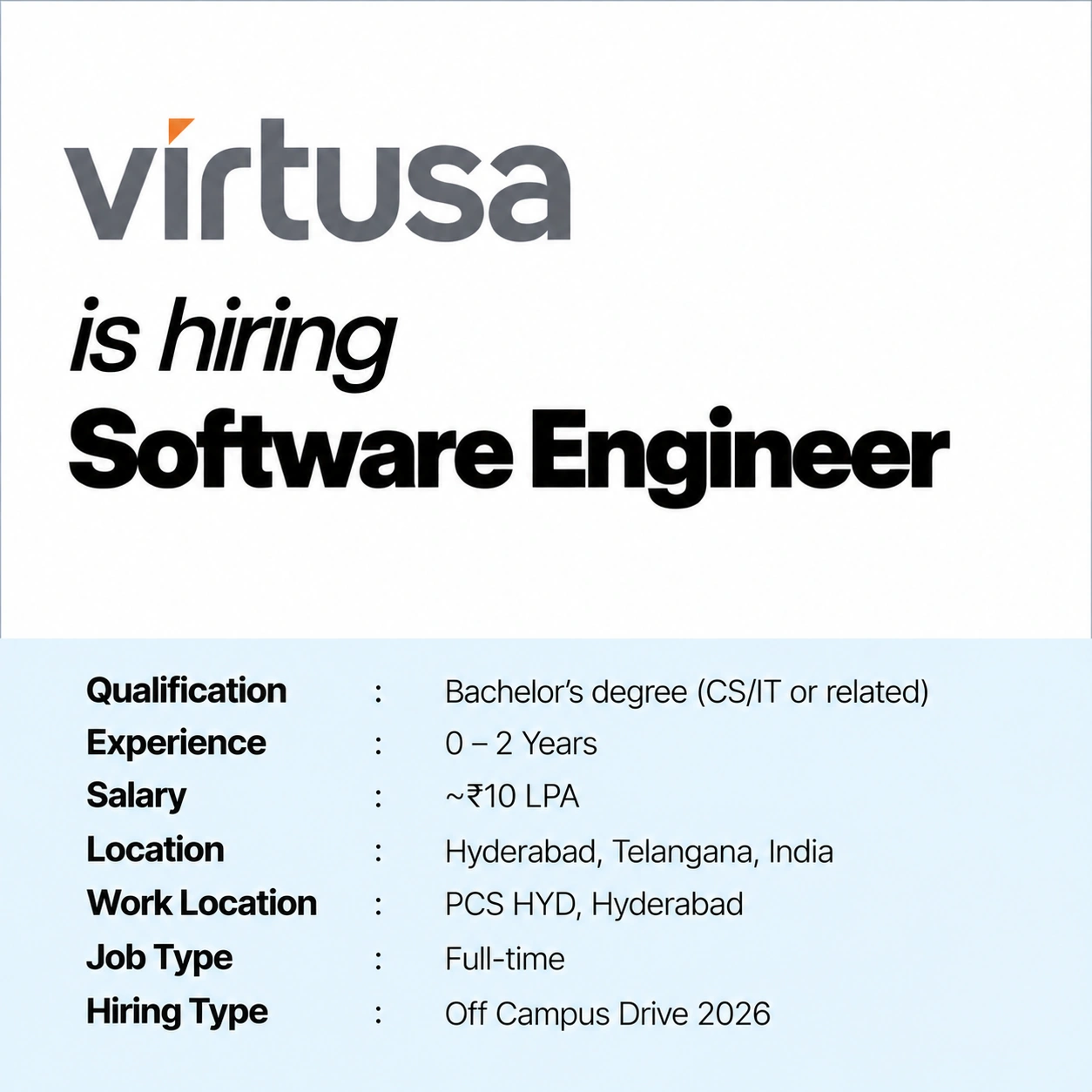 Virtusa Off Campus Drive 2026 | Software Engineer – QA Automation | Freshers | 0–2 Years | ~₹10 LPA | Hyderabad